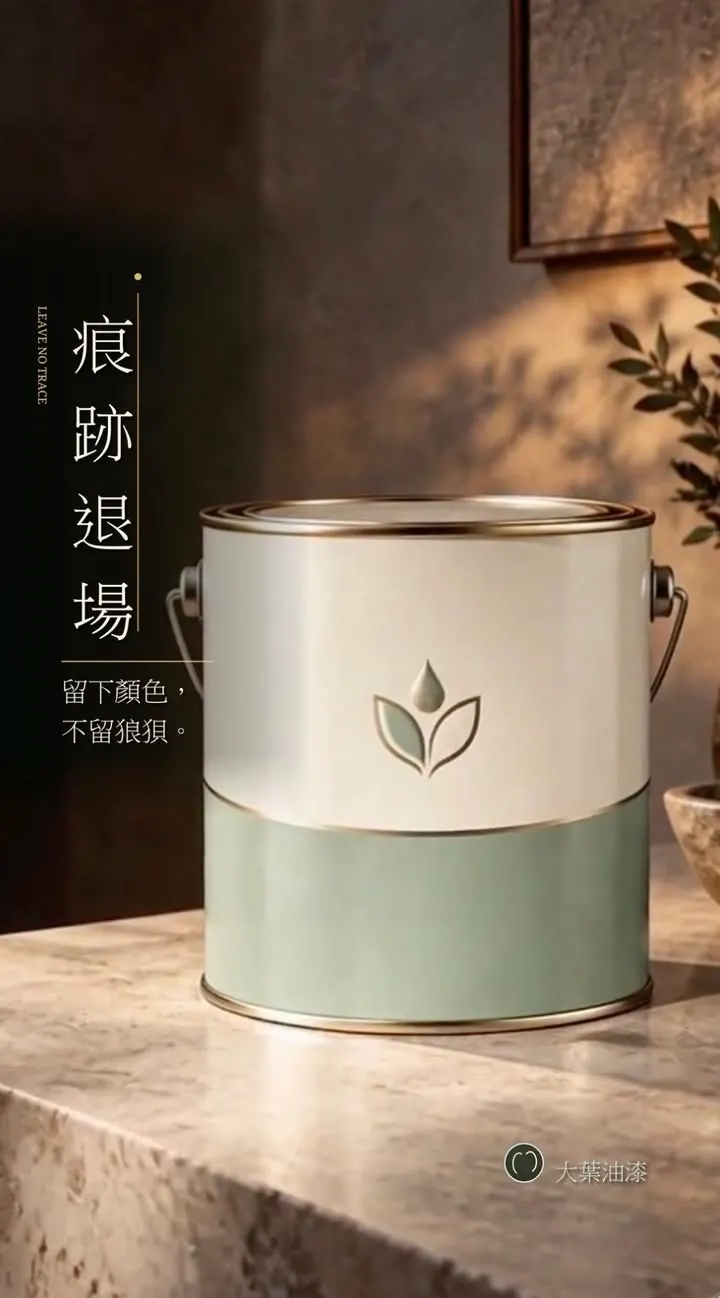 AI 廣告短片畫面：油漆桶，文案「痕跡退場，留下顏色，不留狼狽」