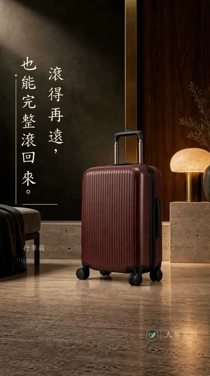 AI 廣告短片畫面：深酒紅色行李箱，文案「滾得再遠，也能完整滾回來」