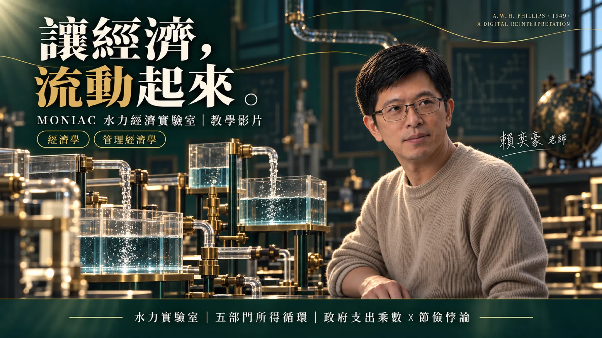 MONIAC 水力經濟實驗室教學影片封面：賴奕豪老師與水力經濟模型